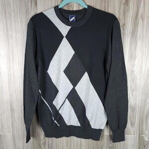 Daniel Hechter Paris Mens Crewneck Sweater Geometric Intarsia Knit Grey Black‎ S